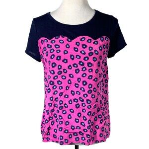 Lilly Pulitzer Emma Scalloped Silk Front Top Size M Navy Pink Leopard Y2K